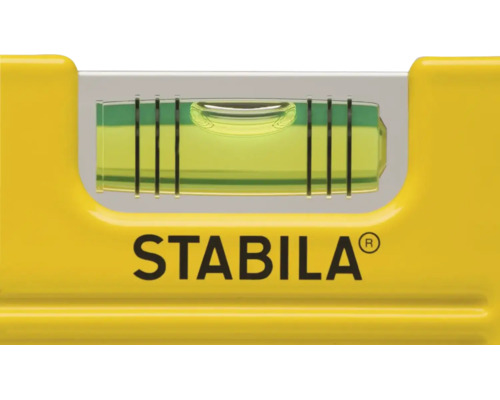 Detailansicht einer Stabila Wasserwaage mit Libelle und Stabila Logo.