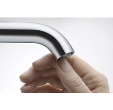 Reinigung des Strahlreglers einer Armatur durch einfaches Abreiben von Kalkrückständen mit dem Finger.