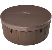 Runder MSpa Whirlpool mit brauner Thermoabdeckung und Seitenwänden in Holzoptik.