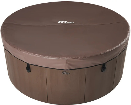 Runder MSpa Whirlpool mit brauner Thermoabdeckung und Seitenwänden in Holzoptik.