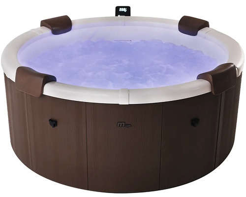 Runder Whirlpool in Holzoptik mit weißem Rand, vier Kopfstützen, blau beleuchtetem, sprudelndem Wasser und MSpa Logo.