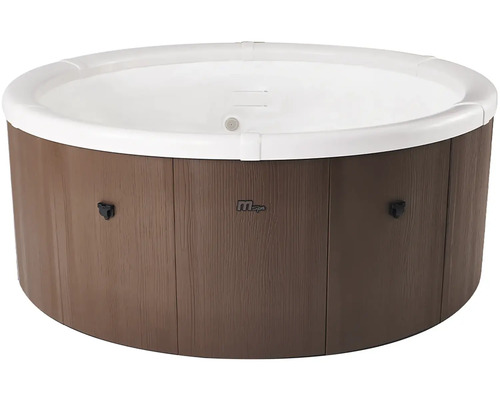 Runder Whirlpool von MSpa mit Paneelen in Holzoptik und weißer Innenverkleidung.