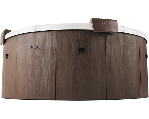MSpa Whirlpool mit Außenwand in Holzoptik, weißem Rand und Kopfstützen.