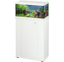 Aquarium-Kombination mit weißem Unterschrank und Abdeckung, inklusive bepflanztem Glasbecken mit Steinen.