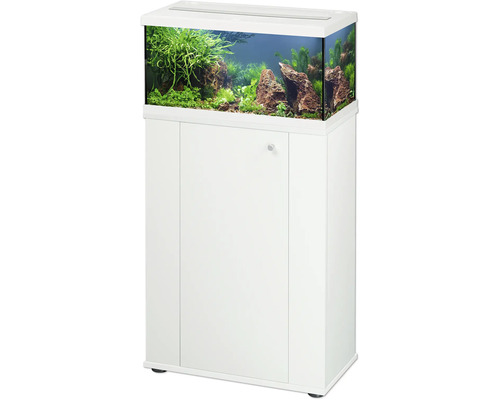 Aquarium-Kombination mit weißem Unterschrank und Abdeckung, inklusive bepflanztem Glasbecken mit Steinen.