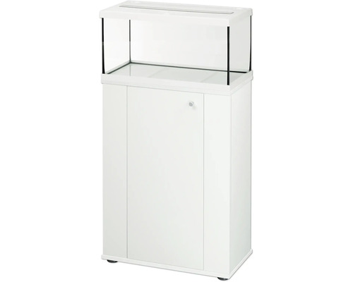 Weißes Aquarium mit passendem Unterschrank, Glastank und Schranktür mit rundem Griff.