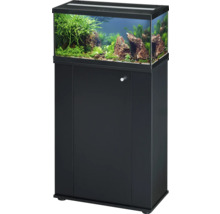Aquarium-Kombination mit schwarzem Unterschrank und Abdeckung inklusive dekorativer Gestaltung mit Pflanzen und Steinen.