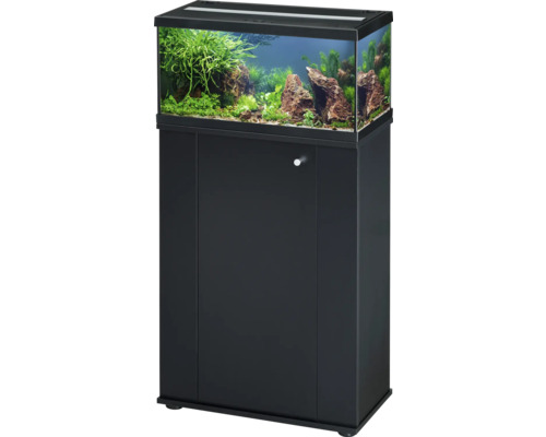 Aquarium-Kombination mit schwarzem Unterschrank und Abdeckung inklusive dekorativer Gestaltung mit Pflanzen und Steinen.