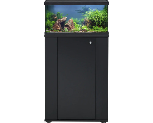 Aquarium-Kombination mit Glasbecken, schwarzer Abdeckung und schwarzem Unterschrank, eingerichtet mit Pflanzen und Steinen.
