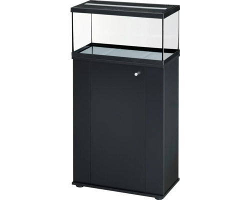 Rechteckige Aquarium-Kombination aus Glas mit schwarzem Unterschrank und Abdeckung inklusive Beleuchtungsklappe.