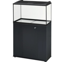 Aquariumkombination bestehend aus einem Glasbecken mit schwarzer Abdeckung und einem schwarzen Unterschrank mit Türen.