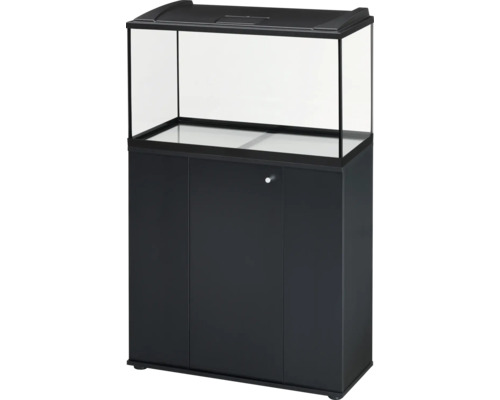 Aquariumkombination bestehend aus einem Glasbecken mit schwarzer Abdeckung und einem schwarzen Unterschrank mit Türen.