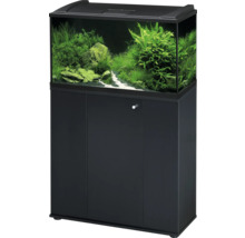 Aquarium Kombination bestehend aus einem schwarzen Unterschrank und einem Aquarium mit Wasserpflanzen und Steinen.