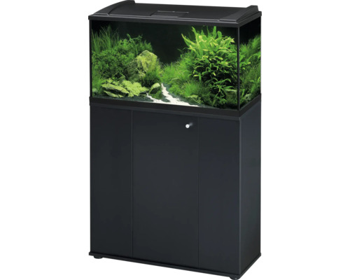 Aquarium Kombination bestehend aus einem schwarzen Unterschrank und einem Aquarium mit Wasserpflanzen und Steinen.