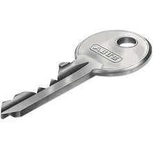 Silberfarbener ABUS Schlüssel aus Metall mit runder Reide und ABUS Logo.