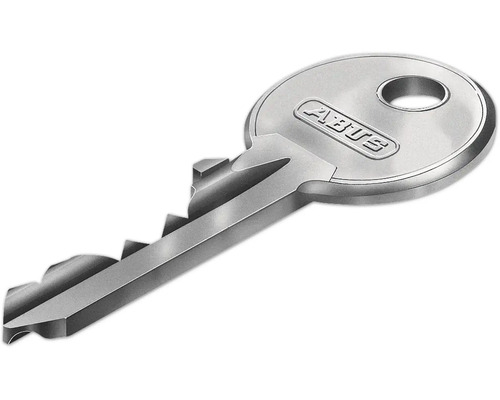 Silberfarbener ABUS Schlüssel aus Metall mit runder Reide und ABUS Logo.