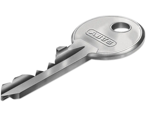 ABUS Metallschlüssel mit ABUS Logo, ovalem Kopf und Einkerbungen.