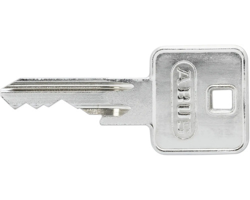 Metallener ABUS Schlüssel mit rechteckigem Kopf, ABUS Logo und einem quadratischen Loch.