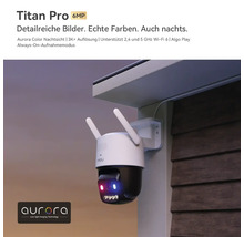 Überwachungskamera Titan Pro 6 Megapixel mit Nachtsicht und Wi-Fi 6, montiert unter einem Dachvorsprung. Imou Logo und Aurora Logo.