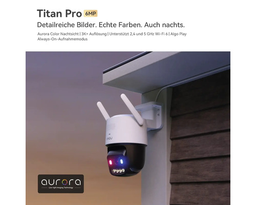 Überwachungskamera Titan Pro 6 Megapixel mit Nachtsicht und Wi-Fi 6, montiert unter einem Dachvorsprung. Imou Logo und Aurora Logo.