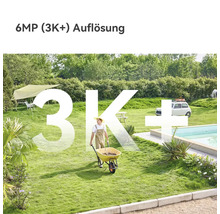 Garten mit Pool und Person mit Schubkarre zur Demonstration der 6 Megapixel 3K plus Auflösung.