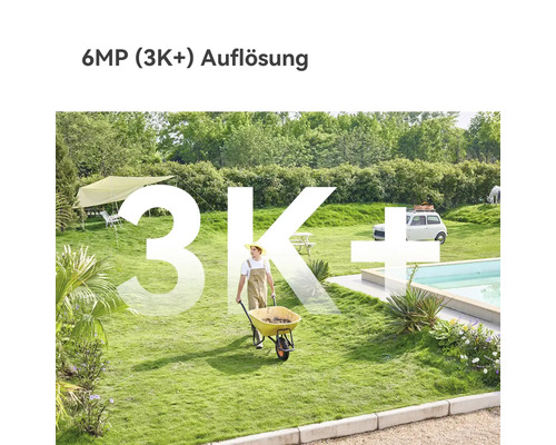 Garten mit Pool und Person mit Schubkarre zur Demonstration der 6 Megapixel 3K plus Auflösung.
