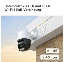 Wandmontierte Überwachungskamera mit Wi-Fi 6, unterstützt 2,4 und 5 Gigahertz sowie Power over Ethernet Verbindung.