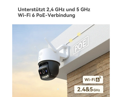 Wandmontierte Überwachungskamera mit Wi-Fi 6, unterstützt 2,4 und 5 Gigahertz sowie Power over Ethernet Verbindung.