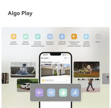 Übersicht der intelligenten Erkennungsfunktionen einer Sicherheitskamera-App auf einem Smartphone, inklusive Personen- und Fahrzeugerkennung.