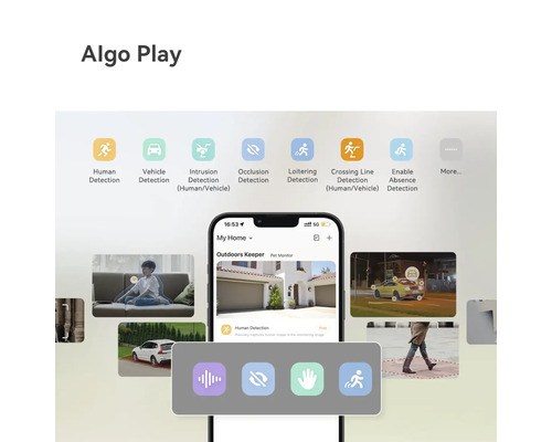 Übersicht der intelligenten Erkennungsfunktionen einer Sicherheitskamera-App auf einem Smartphone, inklusive Personen- und Fahrzeugerkennung.