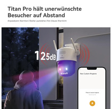 Imou Titan Pro Überwachungskamera mit 125 Dezibel Alarm, Warnlicht und Steuerung per Smartphone-App zur Abschreckung.