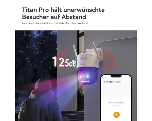 Imou Titan Pro Überwachungskamera mit 125 Dezibel Alarm, Warnlicht und Steuerung per Smartphone-App zur Abschreckung.