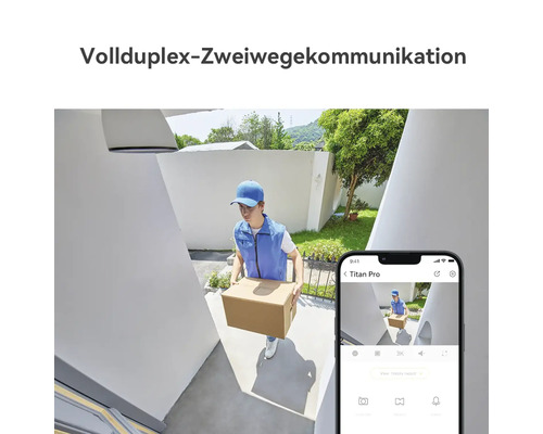 Vollduplex-Zweiwegekommunikation einer Überwachungskamera mit Paketboten im Eingangsbereich und Live-Ansicht auf einem Smartphone.