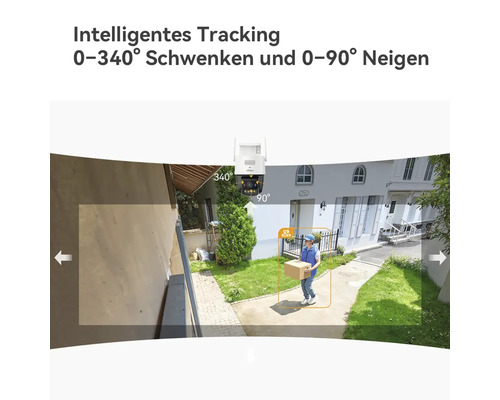 Überwachungskamera mit intelligentem Tracking, Schwenkbereich bis 340 Grad und Neigung bis 90 Grad, zeigt Personenerkennung im Außenbereich.
