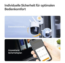 Überwachungskamera mit Datenschutzmodus und Steuerung über eine Smartphone-App für einen individuellen Sicherheitsplan.