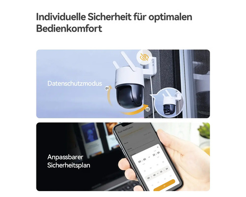 Überwachungskamera mit Datenschutzmodus und Steuerung über eine Smartphone-App für einen individuellen Sicherheitsplan.