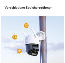 Imou Überwachungskamera für außen am Mast montiert, mit Speicheroptionen für MicroSD-Karte, Cloud und Netzwerk-Videorekorder.