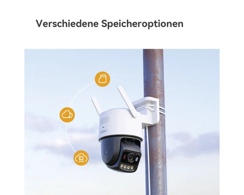 Imou Überwachungskamera für außen am Mast montiert, mit Speicheroptionen für MicroSD-Karte, Cloud und Netzwerk-Videorekorder.