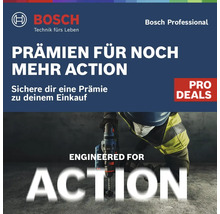 Bosch Logo, Bosch Professional Pro Deals Aktion mit einer Person, die einen Bohrhammer auf Beton nutzt und Hinweis auf Prämien beim Kauf.