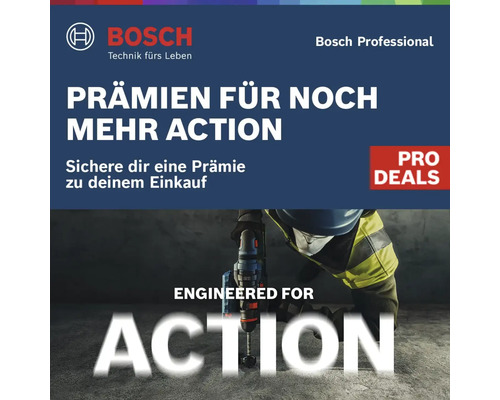 Bosch Logo, Bosch Professional Pro Deals Aktion mit einer Person, die einen Bohrhammer auf Beton nutzt und Hinweis auf Prämien beim Kauf.