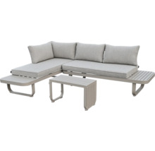 Modernes L-förmiges Lounge-Set aus Aluminium mit hellgrauen Polstern, bestehend aus Ecksofa mit integrierten Beistelltischen und Couchtisch.