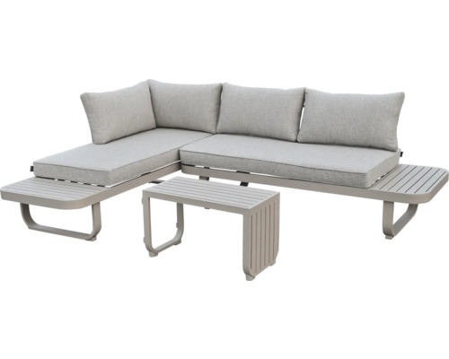 Modernes L-förmiges Lounge-Set aus Aluminium mit hellgrauen Polstern, bestehend aus Ecksofa mit integrierten Beistelltischen und Couchtisch.