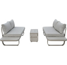 Modernes Garten-Lounge-Set aus zwei Bänken mit integrierten Seitentischen und einem Couchtisch, Metallgestell, graue Polster.