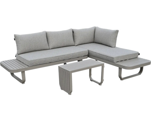 Gartenlounge-Set bestehend aus Ecksofa mit integrierten Ablagen und Couchtisch, Gestell aus grauem Metall, graue Polsterkissen.