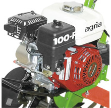 Benzinmotor einer Agria Gartenfräse mit weißem Kraftstofftank, Agria Logo und Honda Logo am roten Startergehäuse.