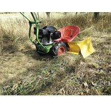 Agria Motormäher mit rotem Sitz und gelber Schutzabdeckung im Einsatz auf einer hellen Wiese mit hohem, trockenem Gras.