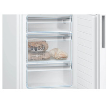 Blick in einen geöffneten Gefrierschrank mit drei transparenten Schubfächern, mittleres Fach als BigBox beschriftet und mit Brot befüllt.