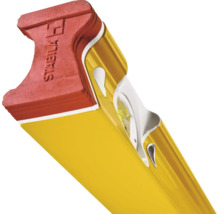 Gelbe Stabila Wasserwaage aus Metall mit Libelle, roter Endkappe und Stabila Logo.