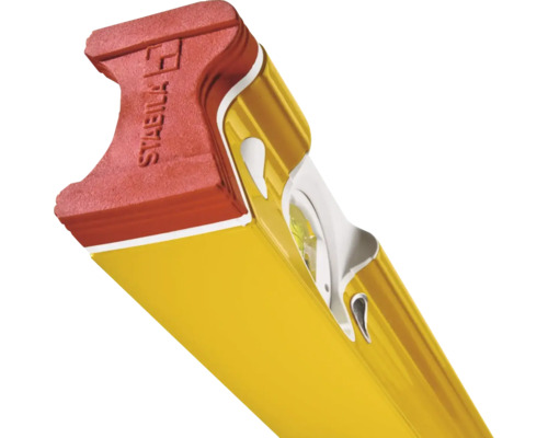 Gelbe Stabila Wasserwaage aus Metall mit Libelle, roter Endkappe und Stabila Logo.