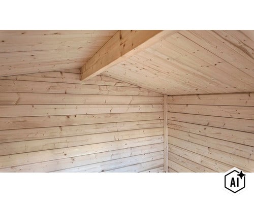 Innenansicht eines Gartenhauses aus Holz mit sichtbaren Wandbohlen und Dachbalken. (Image AI modified or generated)